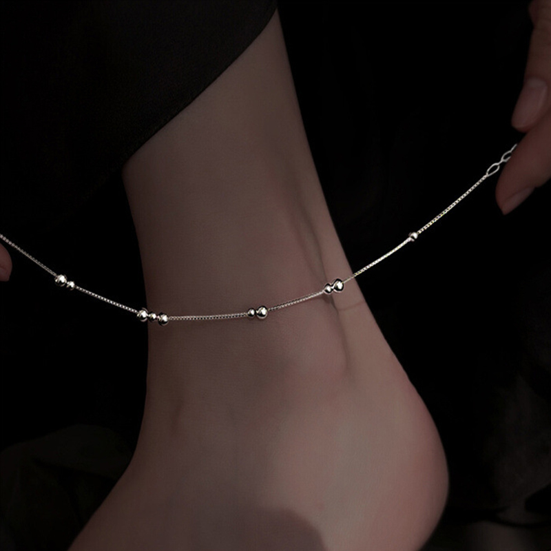 Beaded Anklet Chain - 925 Sterling Silver Geometryczny okrągły łańcuszek